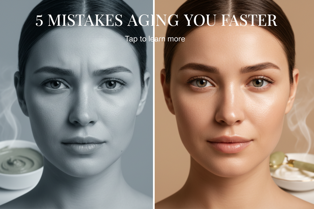 Woman's face showing before and after skincare results - dull tired skin versus radiant glowing skin - illustrating common skincare mistakes that cause premature aging