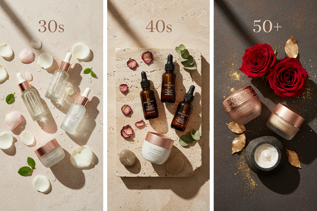 Anti-aging skincare products organized by age - natural ingredients for 30s, 40s, and 50+ skin