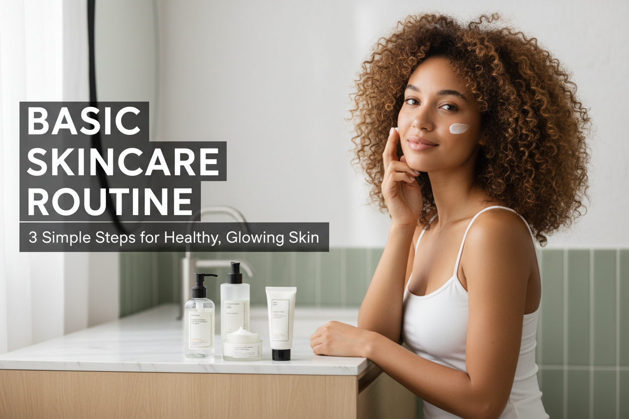 Woman applying moisturiser in a bright minimalist bathroom as part of a basic skincare routine, with cleanser, face cream and sunscreen products on the vanity beside her