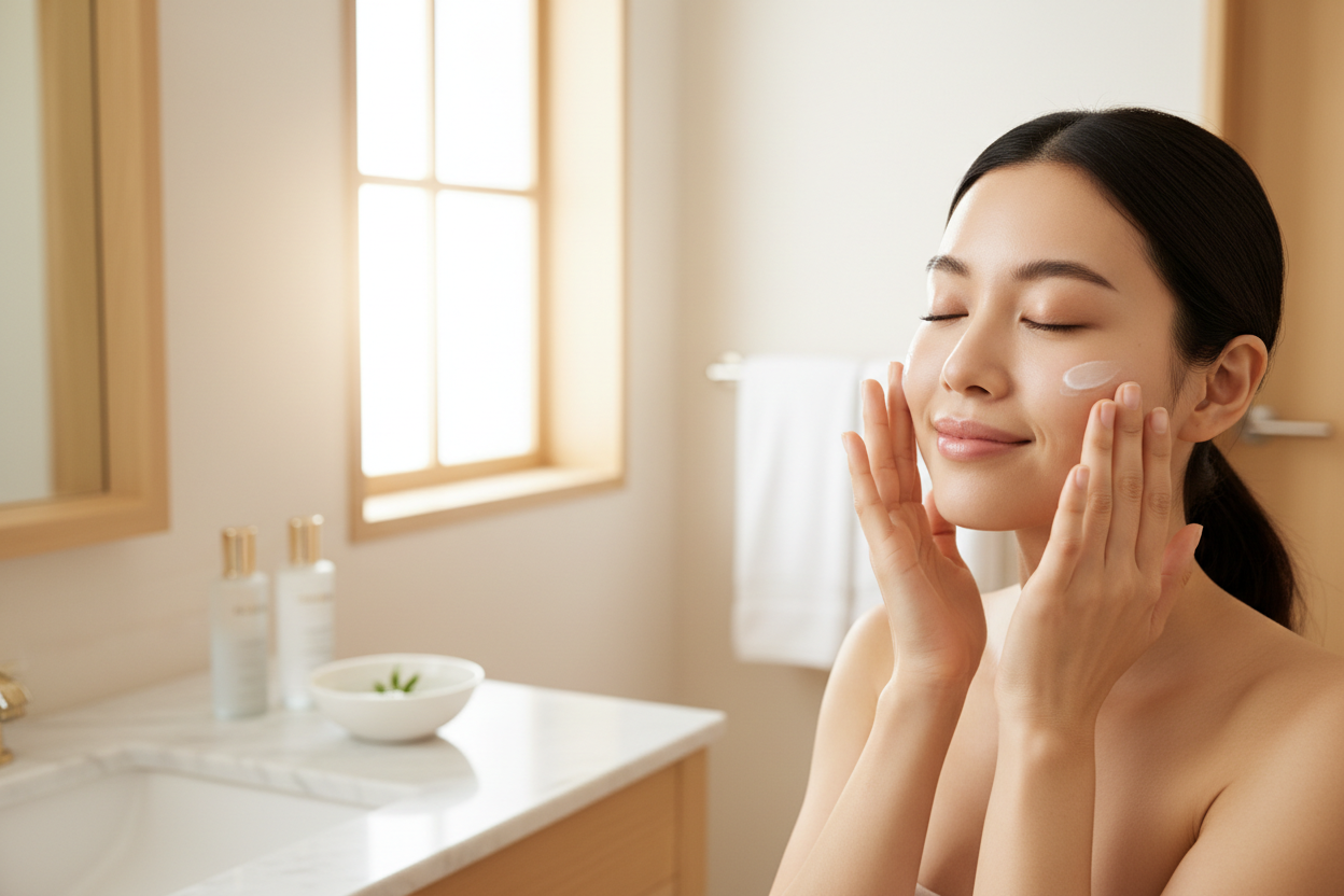 Beautiful Asian woman with glowing skin gently applying Korean skincare product to her face in a bright spa-like bathroom setting