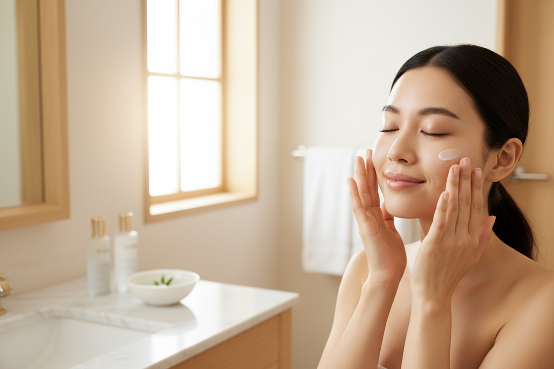 Beautiful Asian woman with glowing skin gently applying Korean skincare product to her face in a bright spa-like bathroom setting