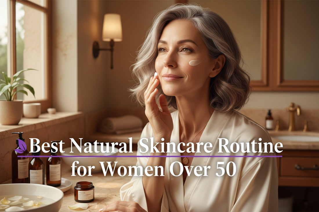 Elegant woman over 50 with glowing skin applying natural skincare — Glowarua best routine for women over 50