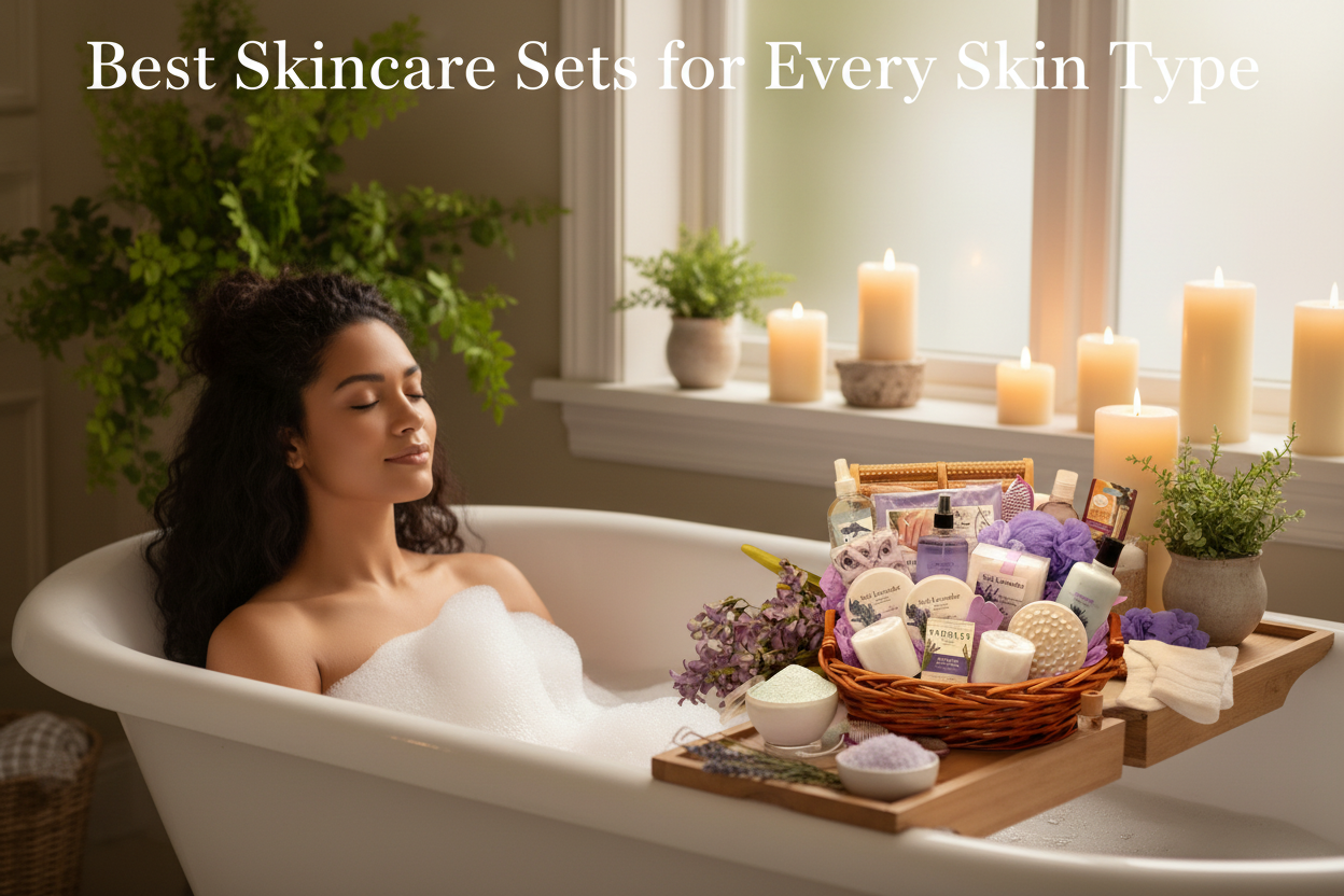 Woman relaxing in a luxury bubble bath surrounded by candles and botanicals with a lavender spa gift basket, representing the best skincare sets for every skin type