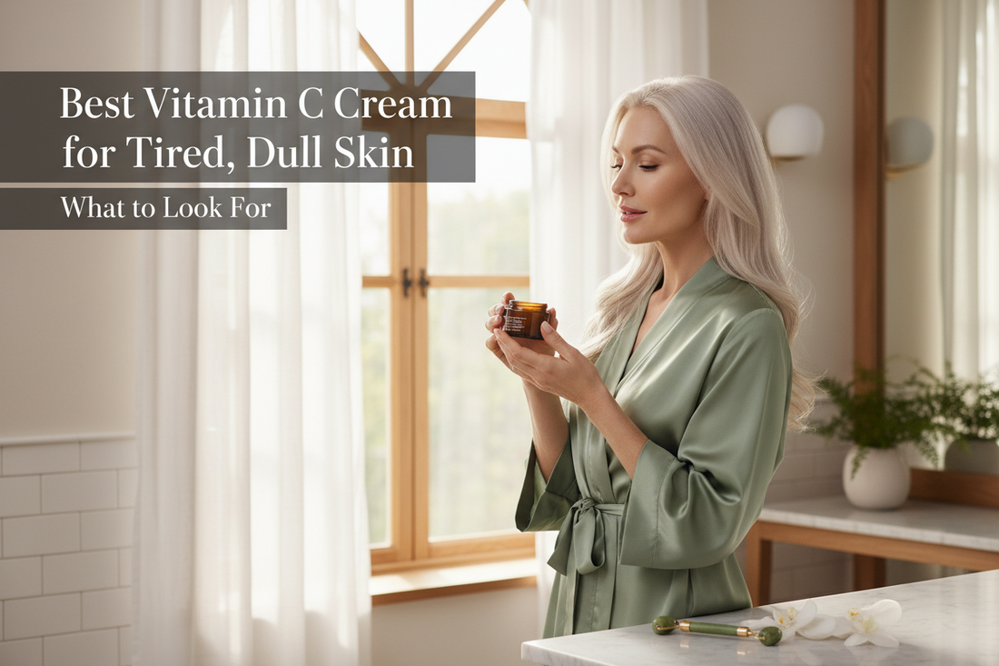 Woman in sage green robe holding a vitamin C face cream jar at a bright bathroom window, with a jade roller on the marble countertop, morning skincare routine lifestyle image