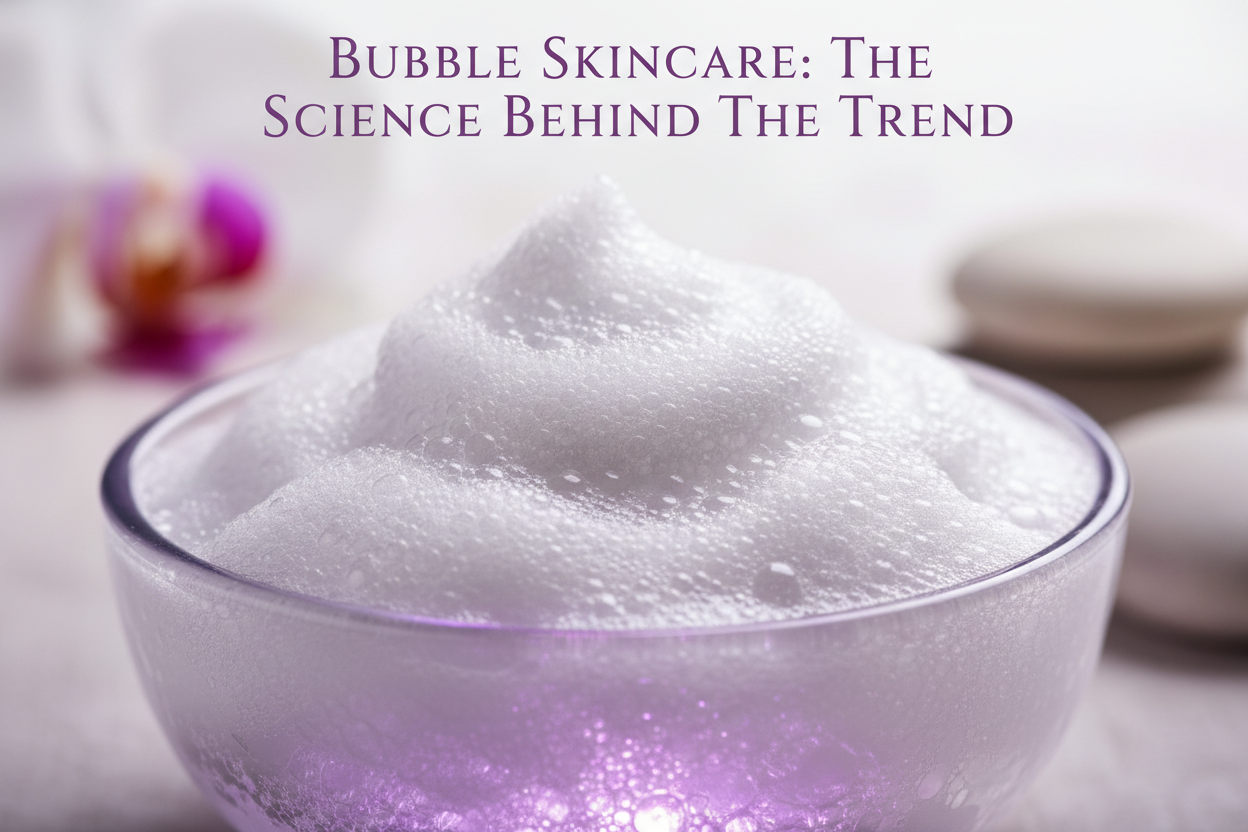 “Bowl of foamy bubble skincare cleanser with soft spa elements, used to illustrate the Bubble Skincare trend.”