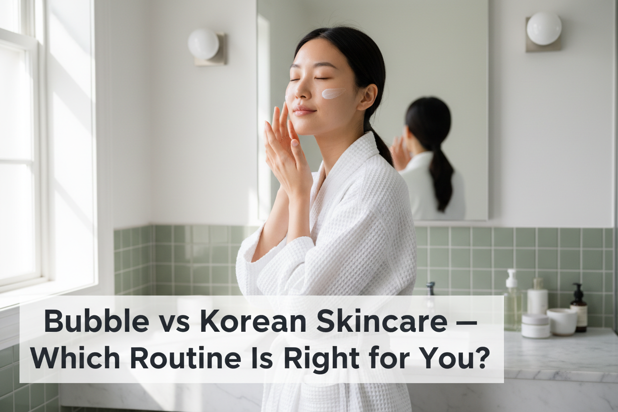 Woman applying moisturiser with glowing dewy skin in a spa-inspired bathroom — Bubble vs Korean Skincare beginner's guide by Glowarua