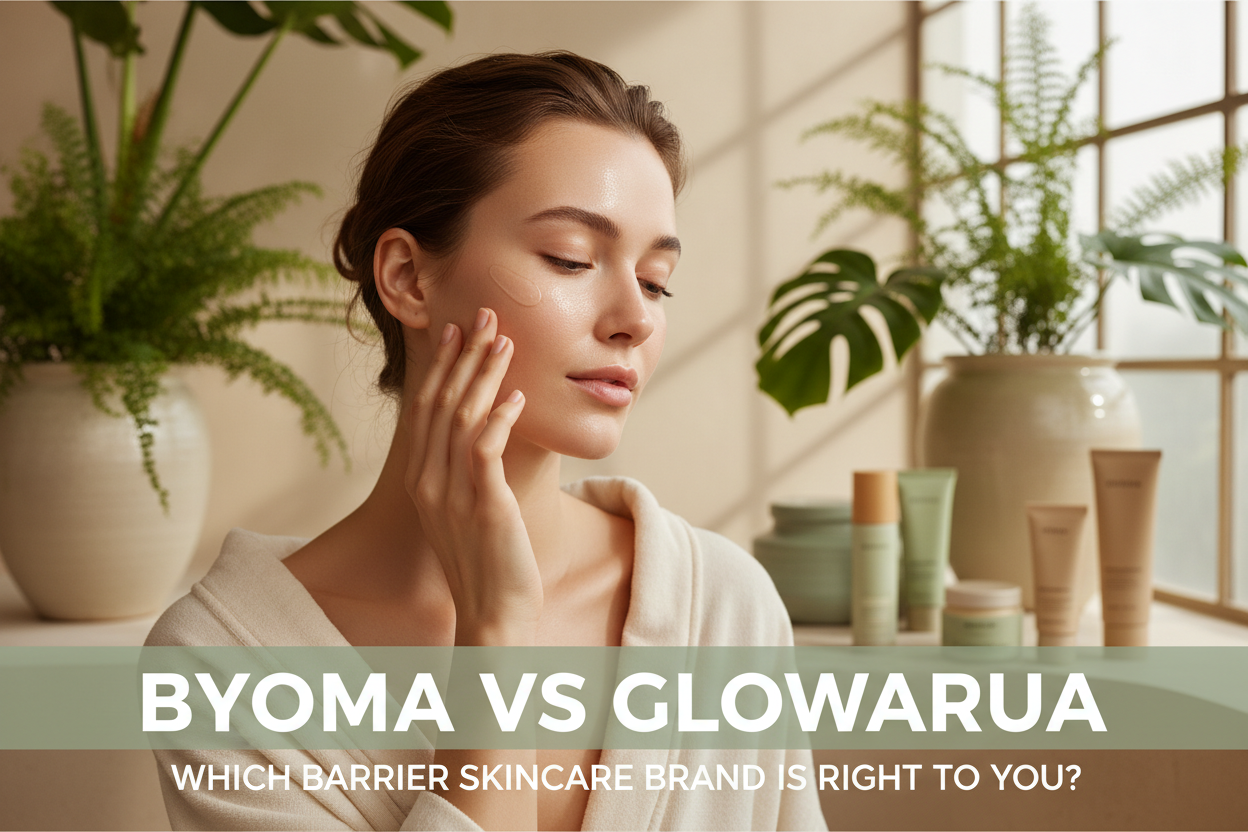 Woman with glowing glass skin applying serum — Byoma vs Glowarua barrier skincare comparison guide by Glowarua Organics