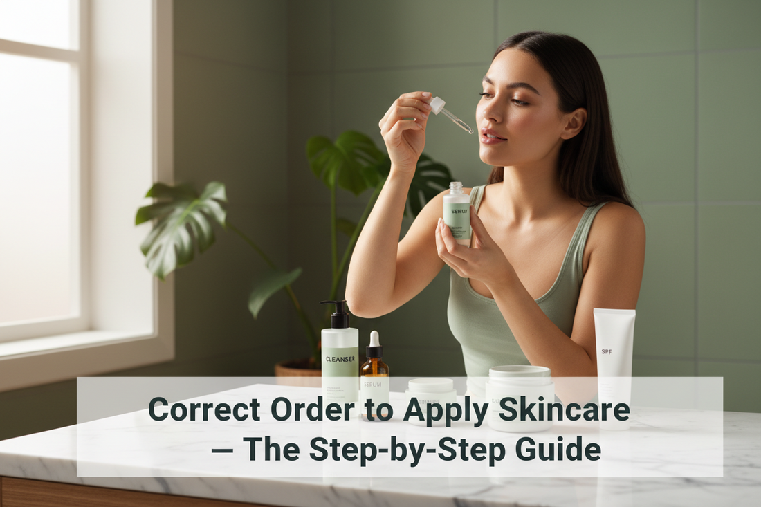 Woman applying serum at a marble vanity with skincare products arranged in order — correct skincare routine guide by Glowarua