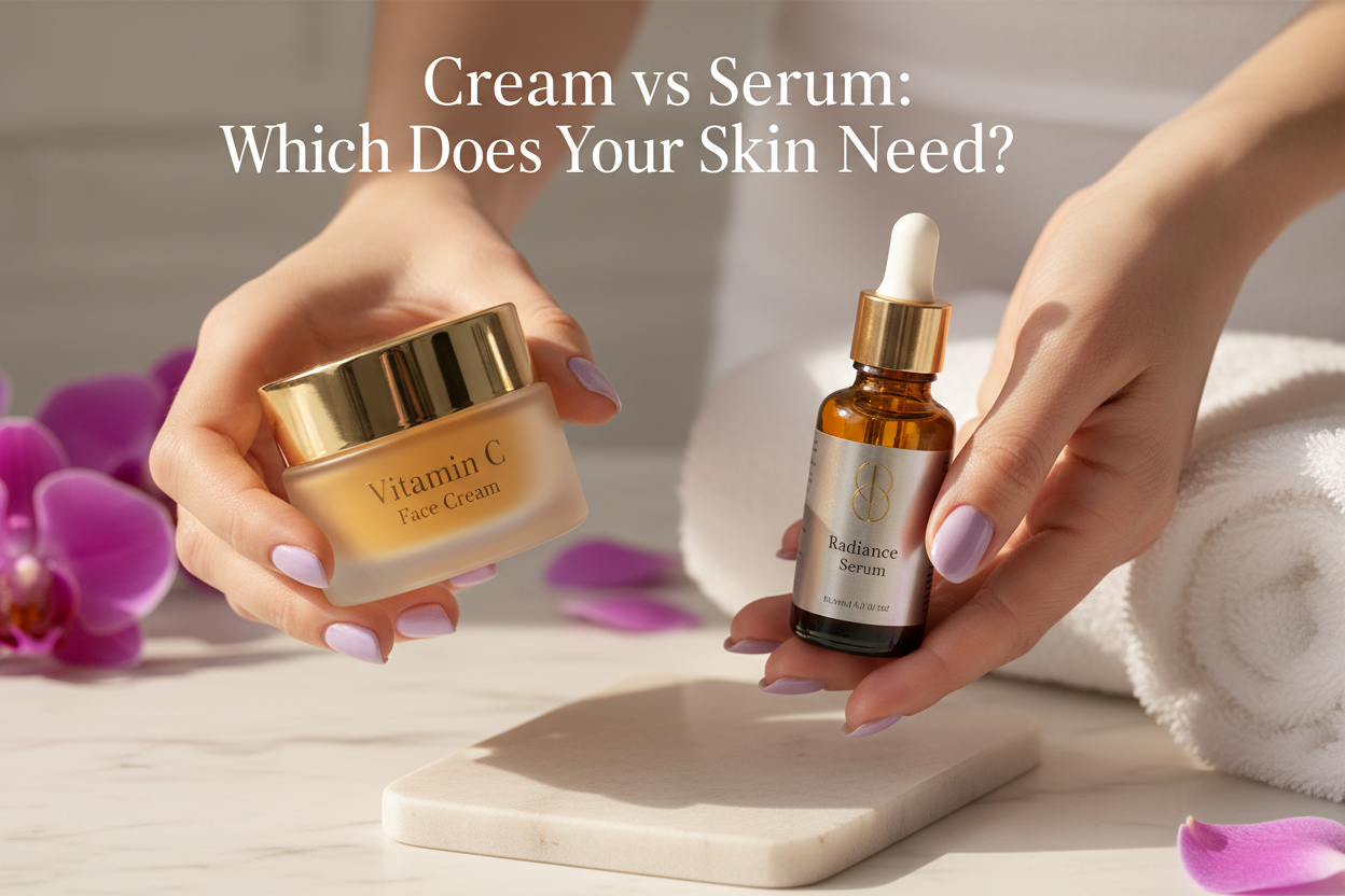 "Two hands holding Glowarua 15% Vitamin C Brightening Face Cream and 20% Vitamin C Serum with Hyaluronic Acid and Retinol"
