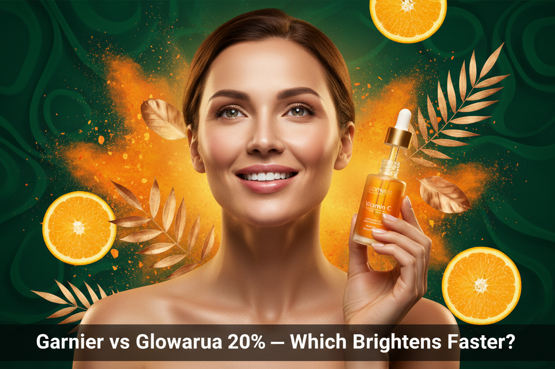 Woman with glowing radiant skin holding a Vitamin C serum — Garnier vs Glowarua 20% brightening serum comparison