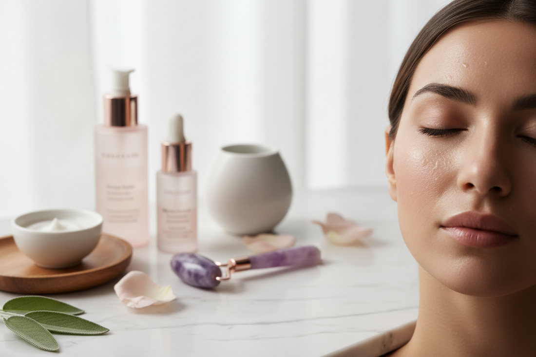 Woman with glowing radiant skin using jade roller and natural face serums for skincare routine