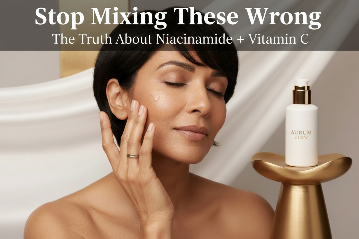 Woman applying Vitamin C serum with glowing skin — Niacinamide and Vitamin C skincare guide by Glowarua