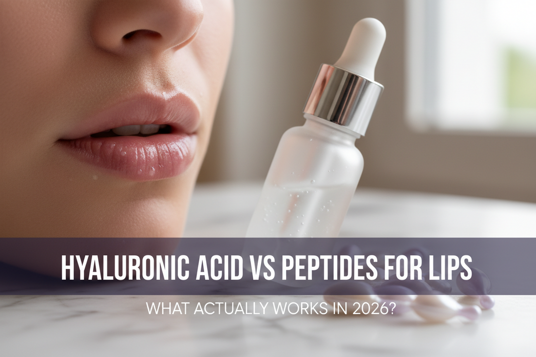 Close-up of plump, dewy lips with hyaluronic acid serum and peptide skincare ingredients on a marble surface 