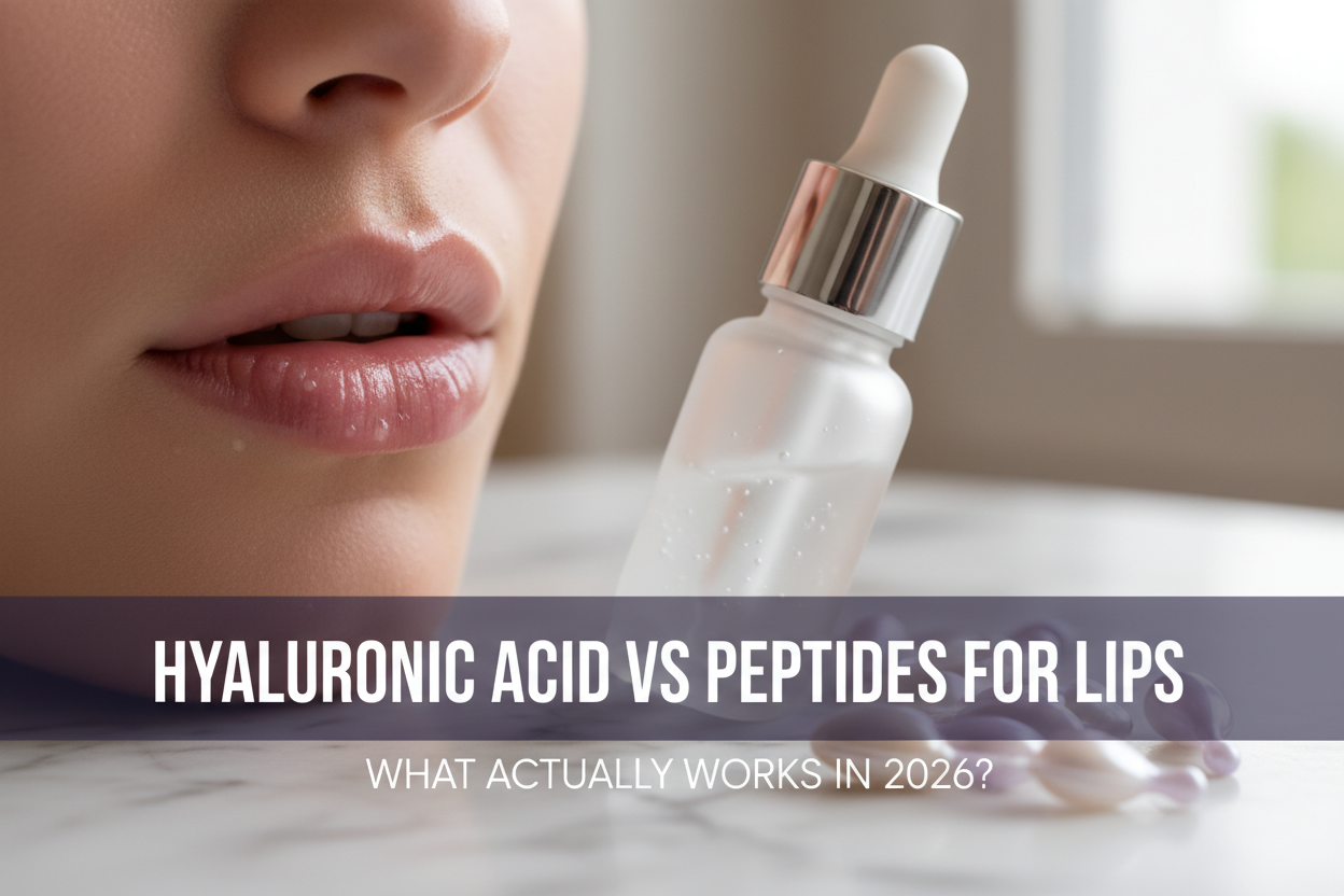 Close-up of plump, dewy lips with hyaluronic acid serum and peptide skincare ingredients on a marble surface 