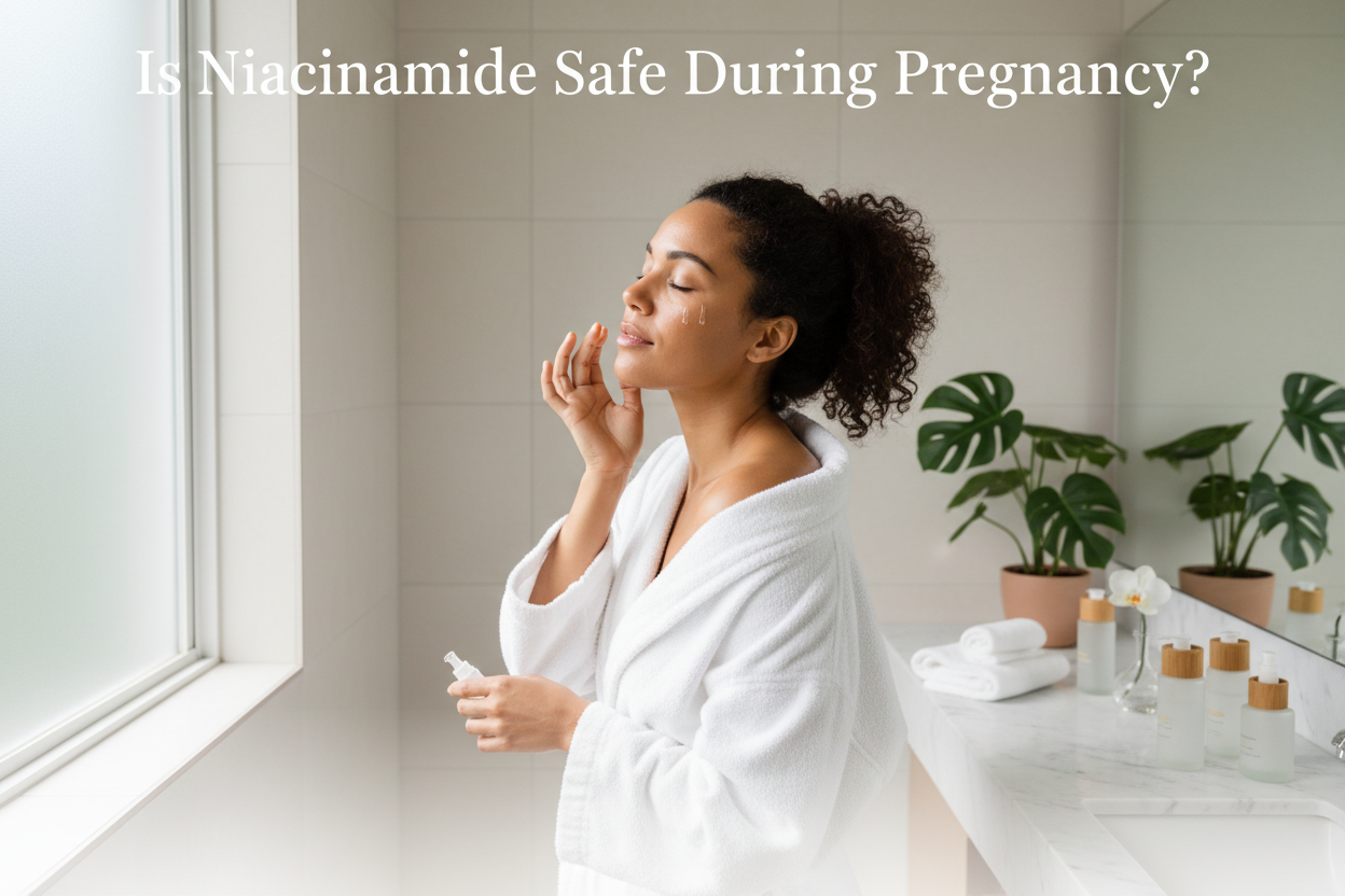 "Woman applying niacinamide serum during pregnancy - Glowarua pregnancy-safe skincare guide 2026"