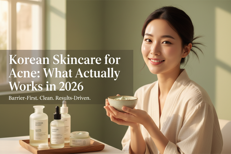 Korean skincare for acne 2026 — woman with clear glowing skin in a spa-like setting, barrier-first clean beauty routine by Glowarua