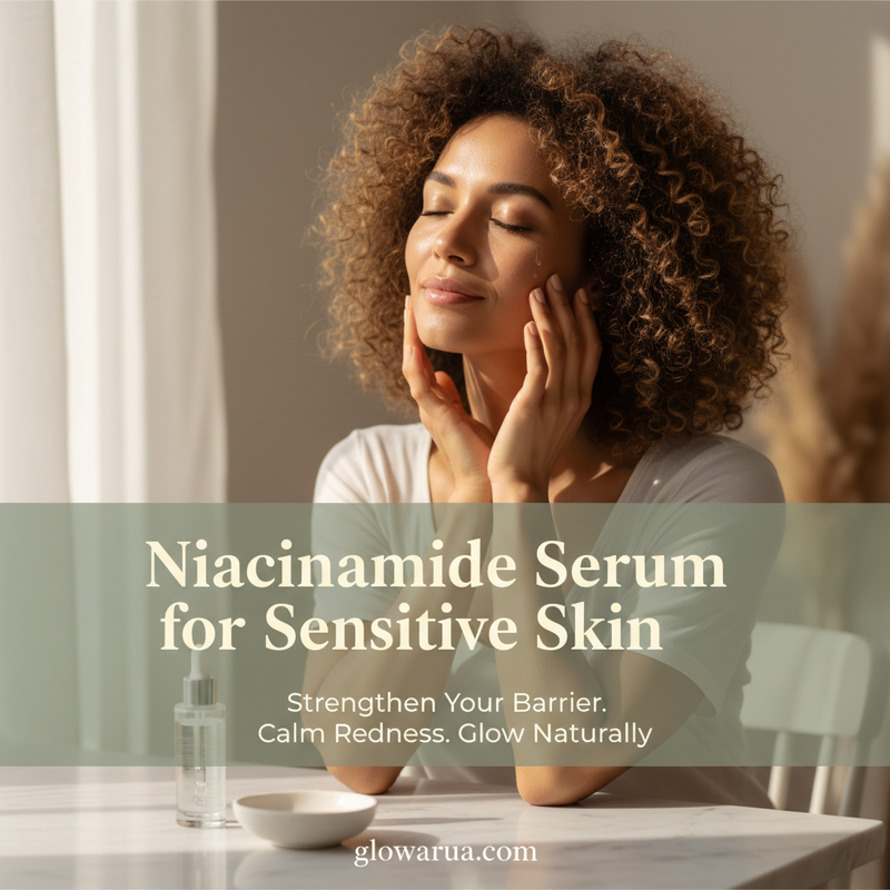 Woman with natural curly hair applying niacinamide serum at a marble vanity — niacinamide serum for sensitive skin by Glowarua