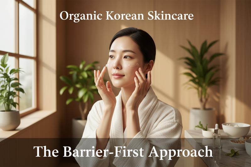 Beautiful Asian woman applying organic Korean skincare serum in a luxury spa setting — barrier-first clean beauty by Glowarua
