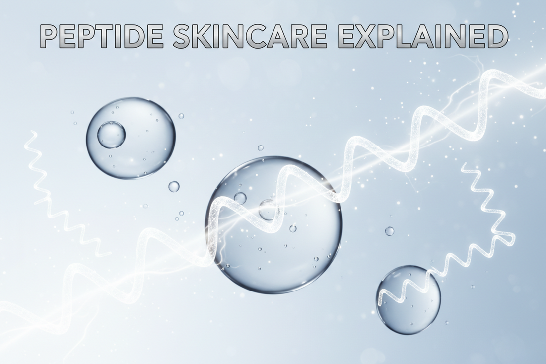 Peptide skincare explained with close-up of serum droplets and collagen molecules on clean background showing anti-aging skincare science and premium ingredients