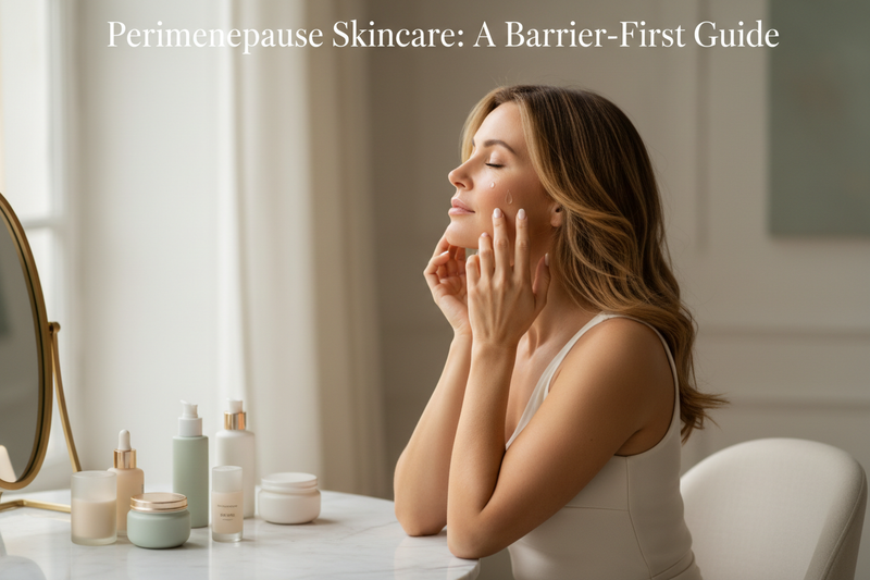 Confident woman in her 40s with glowing skin applying skincare at an elegant vanity — Perimenopause Skincare: A Barrier-First Guide by Glowarua