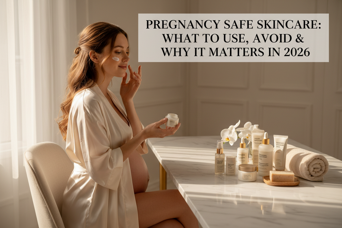 Pregnant woman applying natural skincare at a marble vanity in warm light — pregnancy safe skincare guide by Glowarua