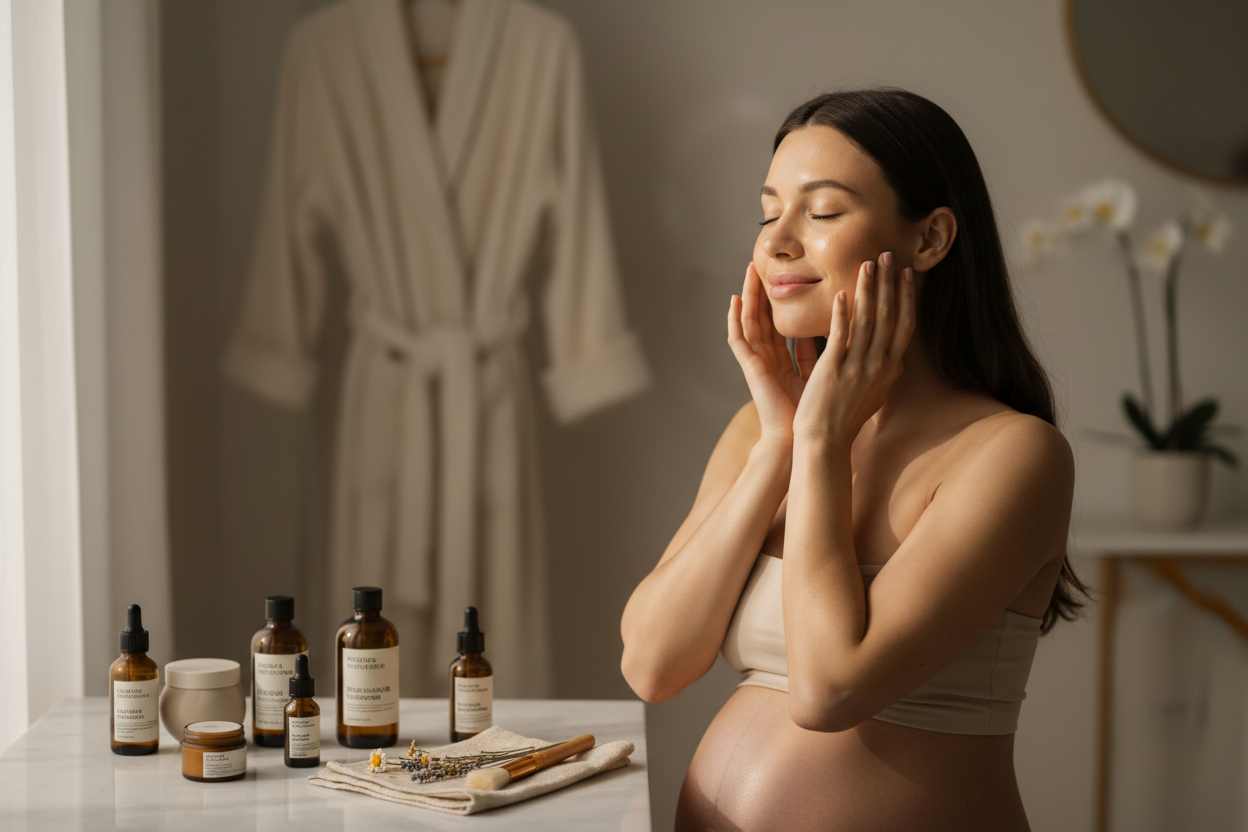 "Pregnant woman with glowing skin applying natural organic skincare products"