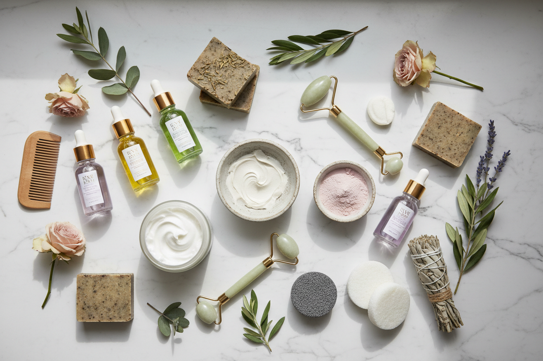 Natural organic skincare ingredients including botanical oils, herbal soaps, and plant extracts for spa-quality skin care