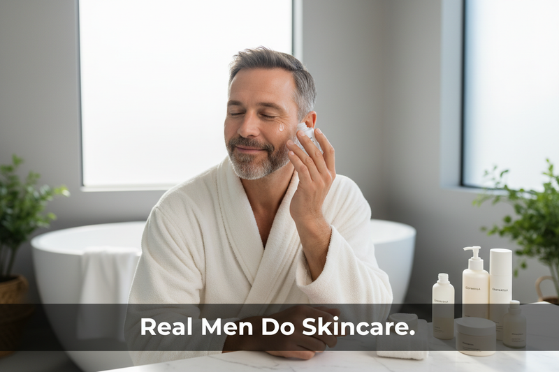 Man in a white robe applying skincare in a luxury bathroom — Real Men Do Skincare, Glowarua natural men's skincare routine