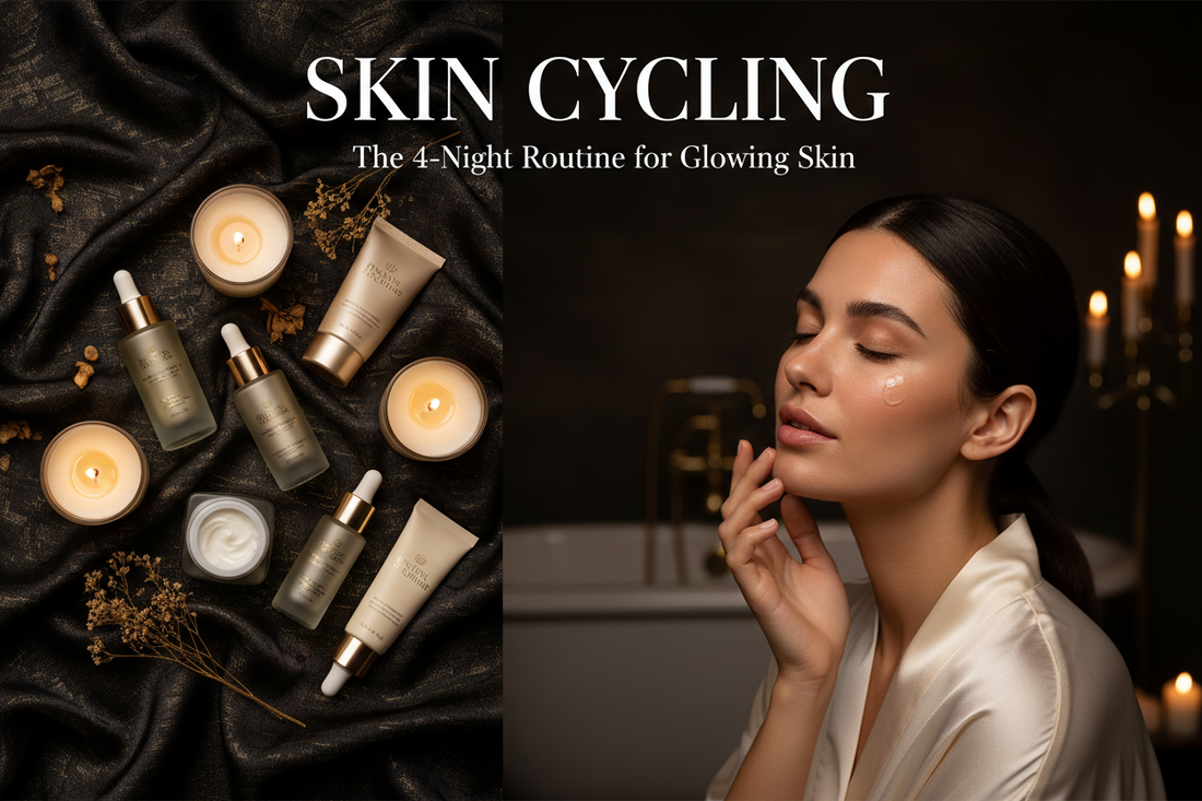 “Skincare products and candles arranged beside a person with glowing skin applying a cream, illustrating the 4‑night skin cycling routine.”