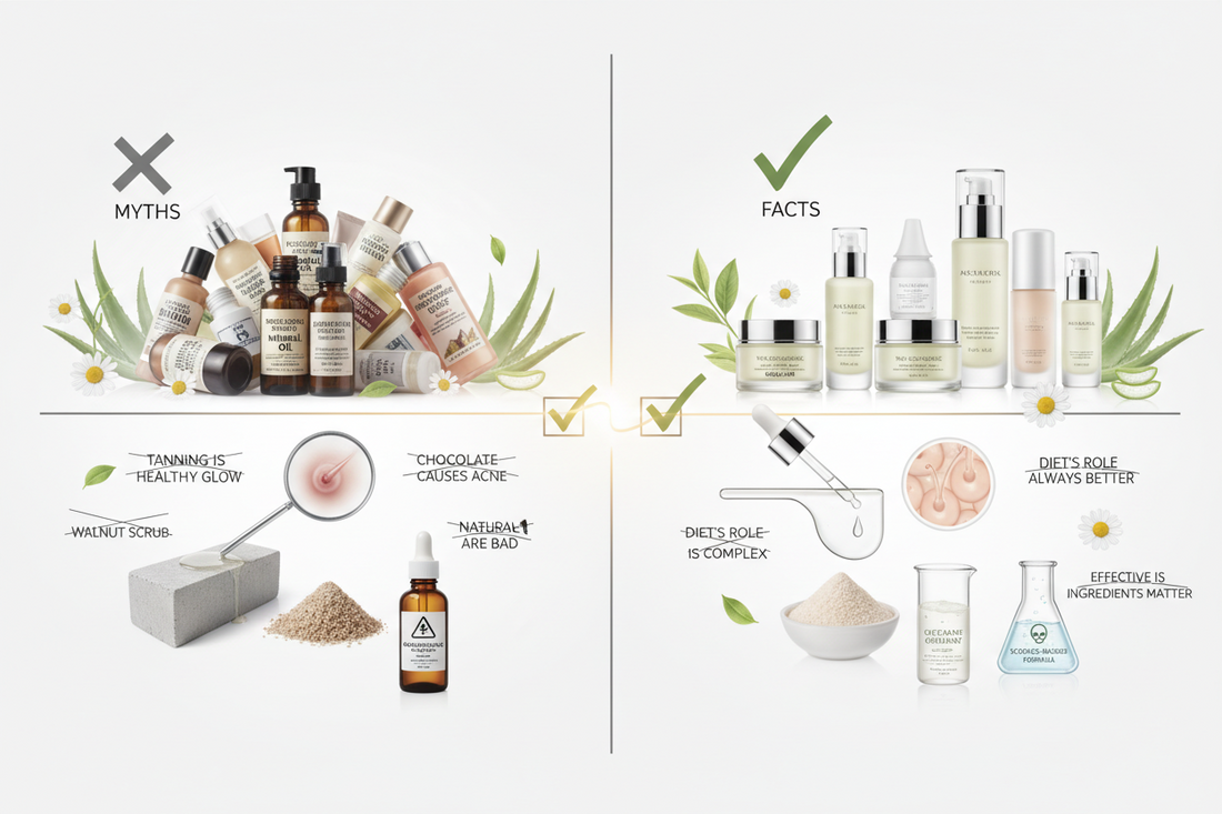 Skincare myths vs facts showing harmful ingredients to avoid and beneficial natural skincare products