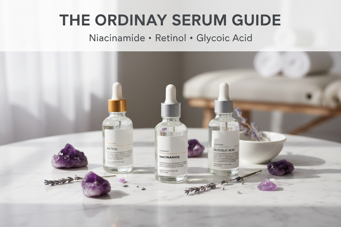 The Ordinary serum guide featuring niacinamide retinol and glycolic acid on marble with purple accents