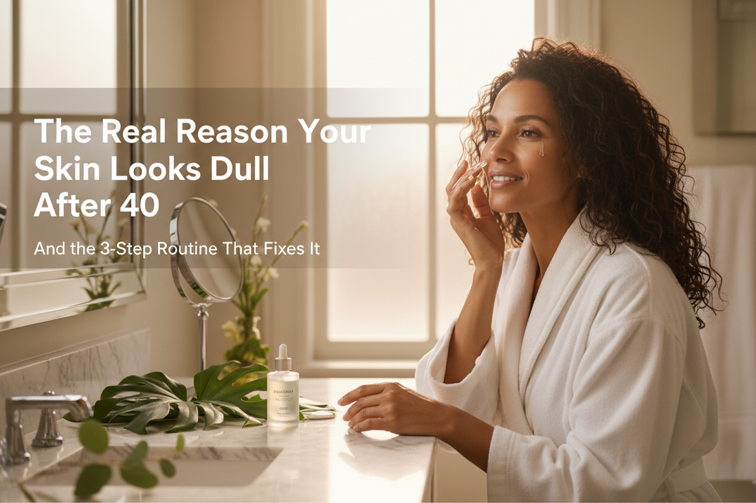 Woman in her 40s with glowing skin applying vitamin C serum in a spa-like bathroom — Glowarua 3-Step Glow Routine for dull skin after 40