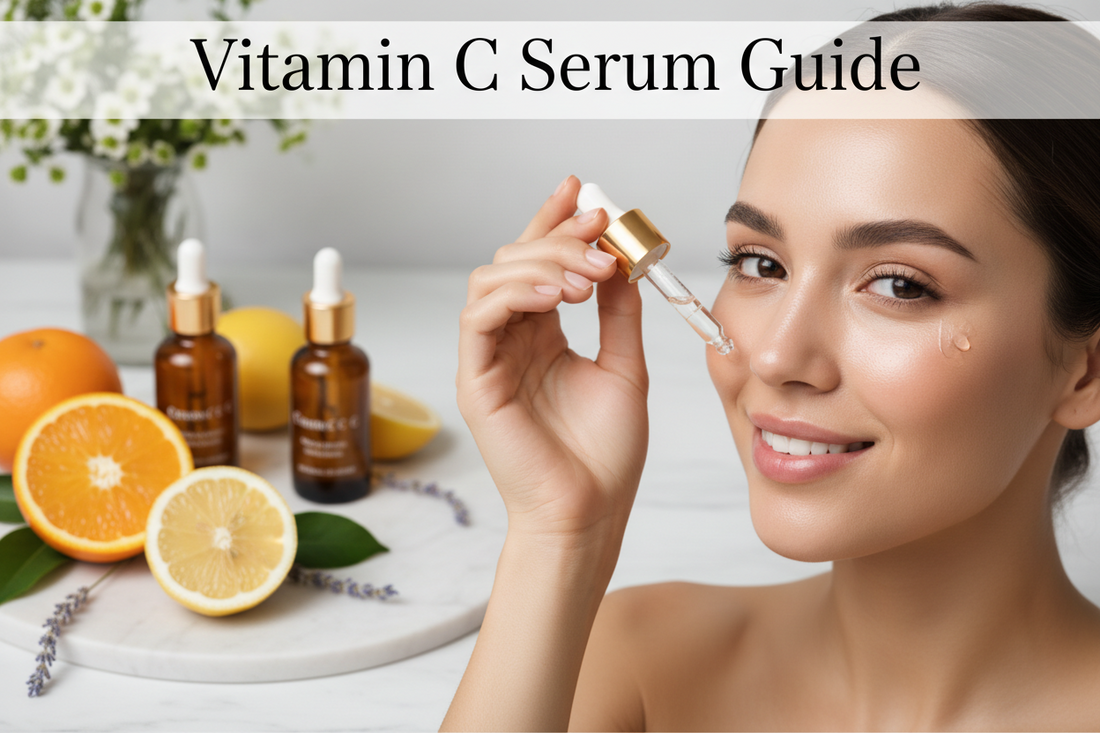  "Woman applying vitamin C serum with dropper for glowing radiant skin - natural skincare routine with citrus ingredients"