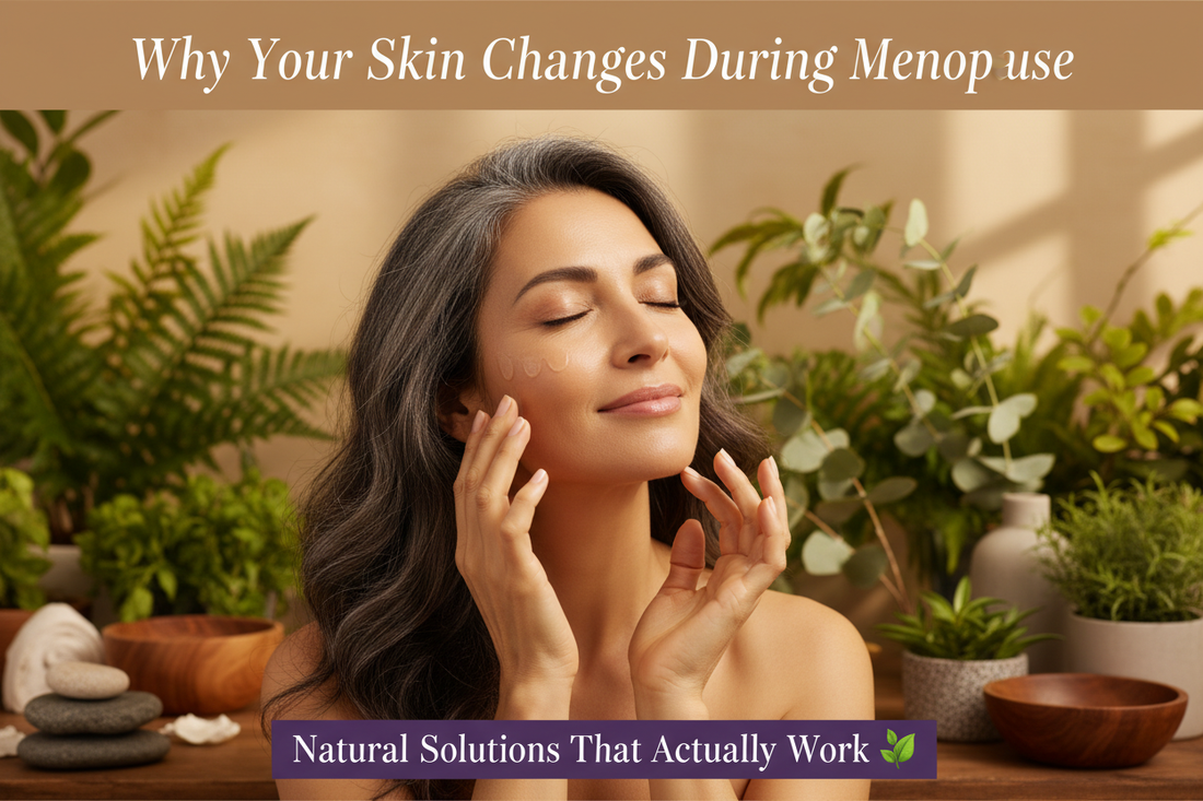 Woman touching glowing skin surrounded by natural plants — Glowarua menopause skincare solutions