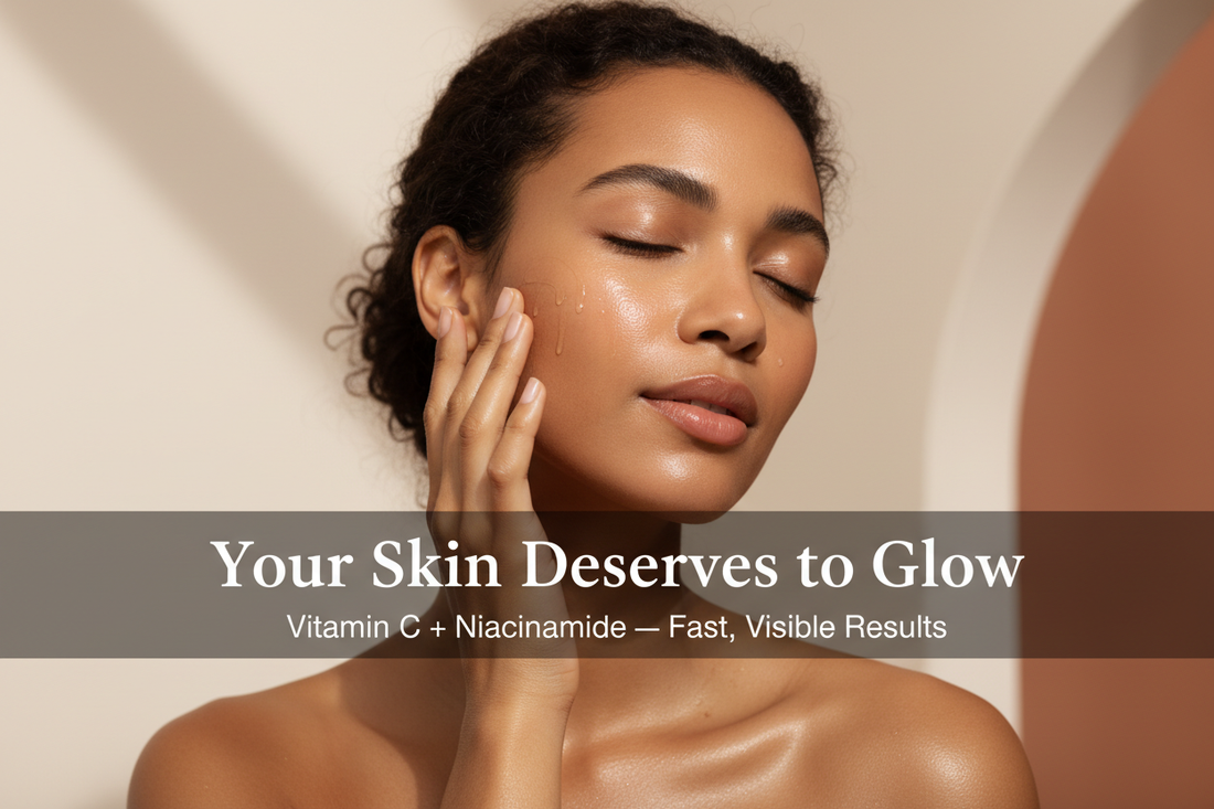 Radiant woman with warm brown skin and natural coily hair applying face serum, dewy glowing complexion, Glowarua premium skincare