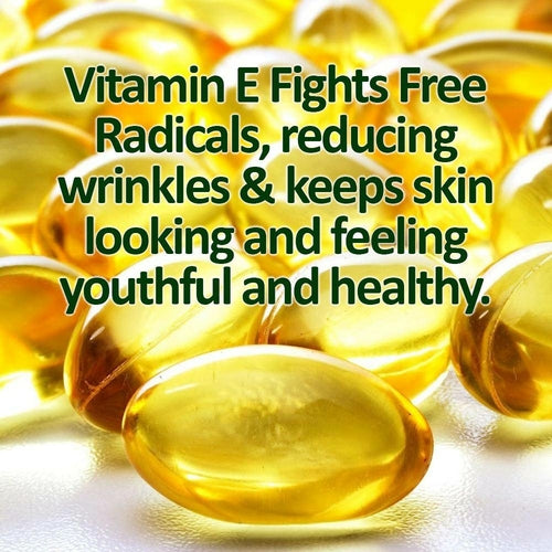 Yellow vitamin E capsules with text about their benefits on a white background