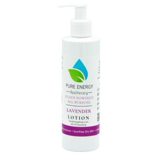 Lavender lotion bottle with 'Pure Energy Apothecary' branding on a white background