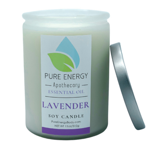 Lavender soy candle with a label from Pure Energy Apothecary on a white background