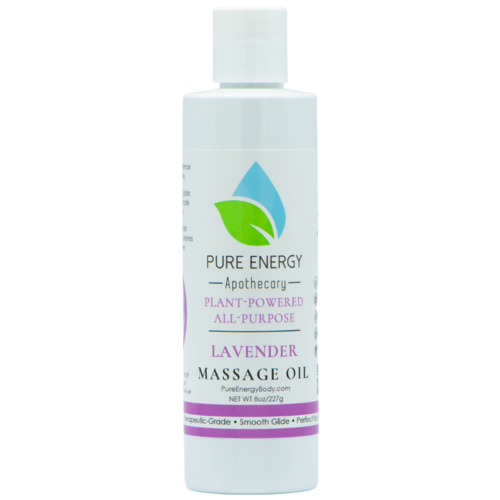 Bottle of Pure Energy Apothecary lavender massage oil on a white background