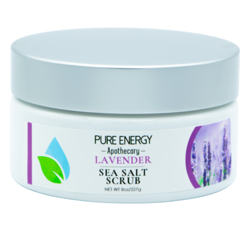 Jar of lavender sea salt scrub with branding on a white background