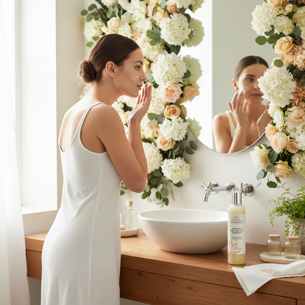 Bottle of Glimmer Goddess Organic Acne Control Cleanser on a white background