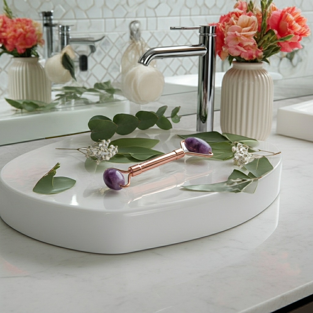 Skincare roller on a bathroom counter with flowers and greenery