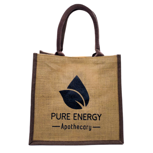 Jute bag with 'Pure Energy Apothecary' logo on a white background