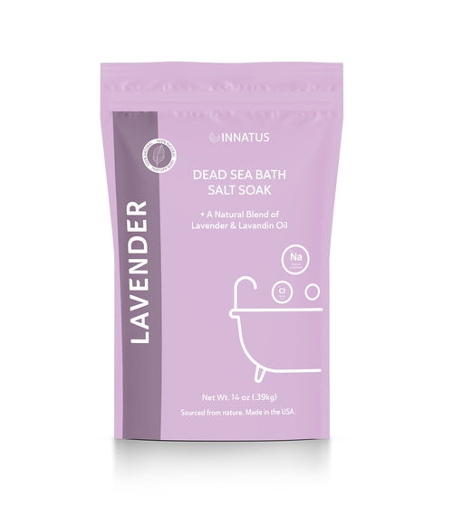Purple package of Innatus Lavender Dead Sea Bath Salt Soak on a white background