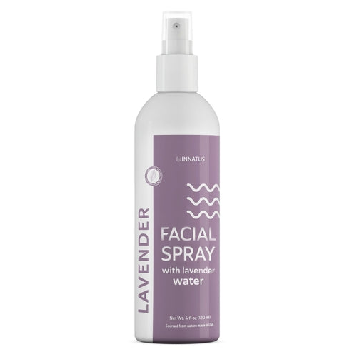Lavender facial spray bottle with a white label on a white background
