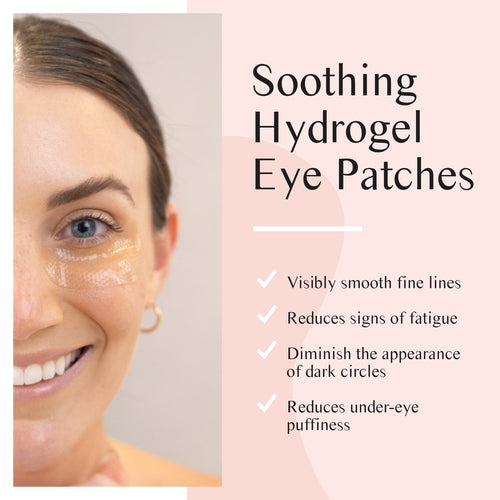 Advertisement for soothing hydrogel eye patches with a woman's face showing treated under-eye area.