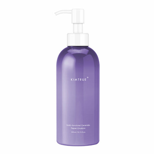 Purple bottle with pump labeled 'KIMTRUE' on a white background