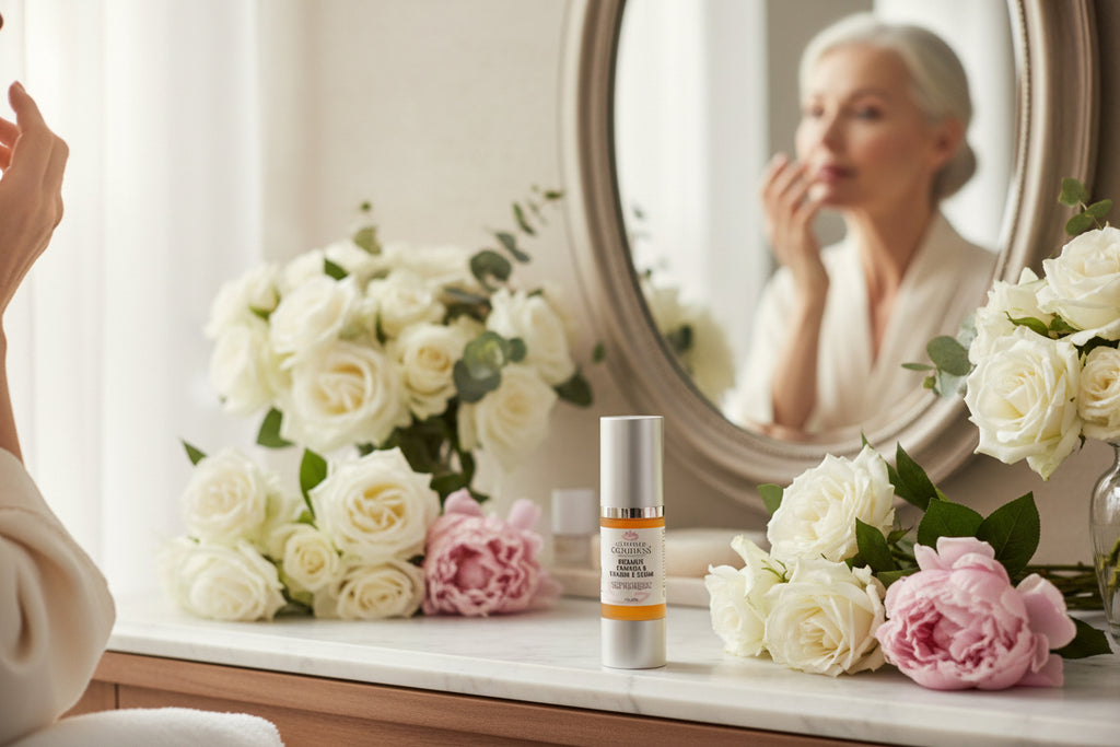 Glimmer Goddess organic pumpkin and vitamin E serum bottle with a floral background