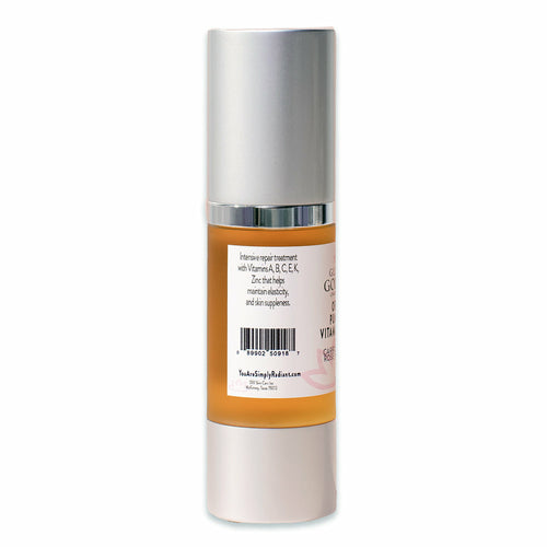 Skincare bottle with silver cap and orange label on a white background