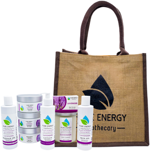 Collection of Pure Energy Apothecary products including bottles, tins, and a tote bag on a white background.